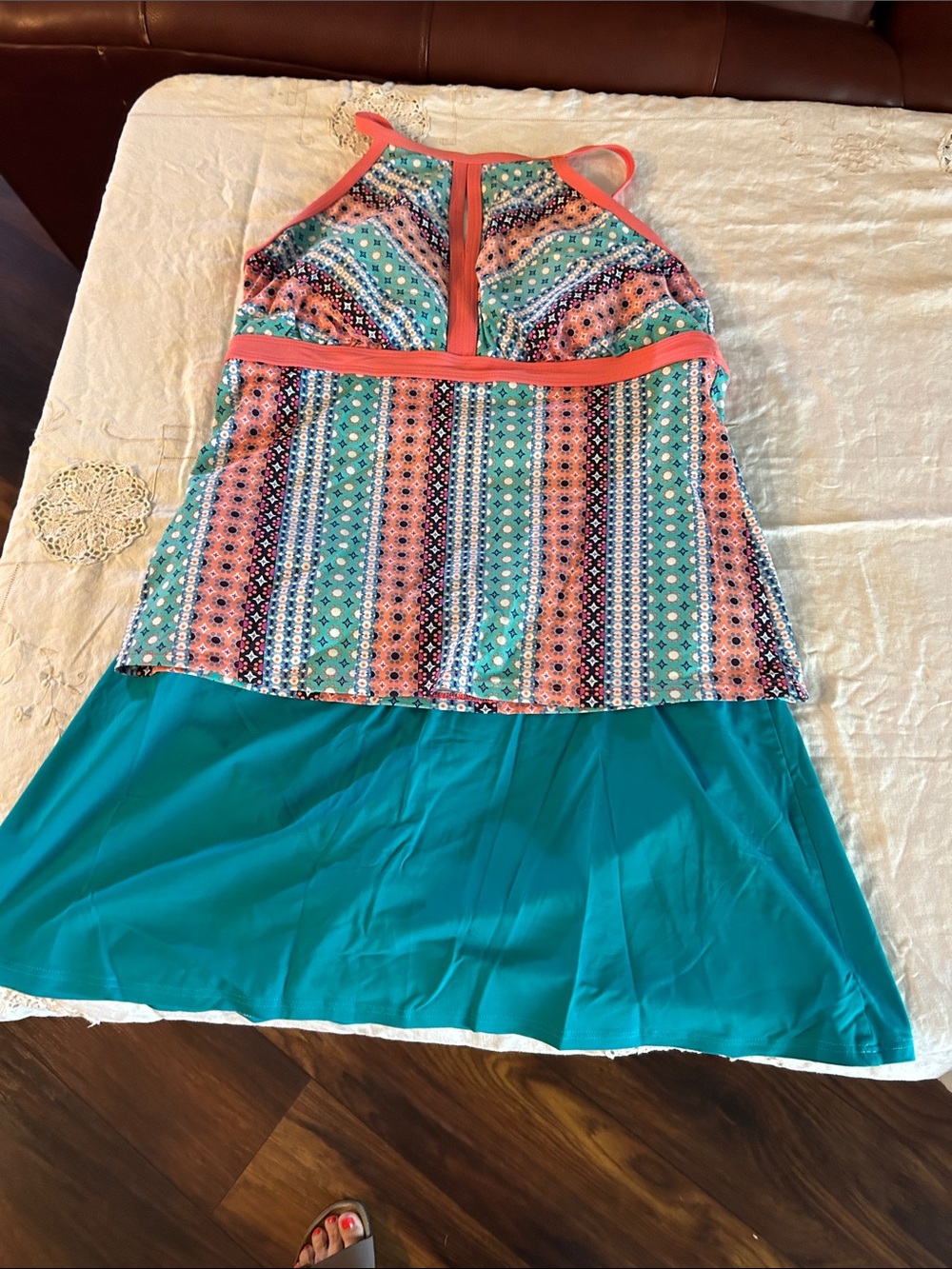 Lands' End Women's Teal & Coral Patterned Tankini with Skirt sz 14